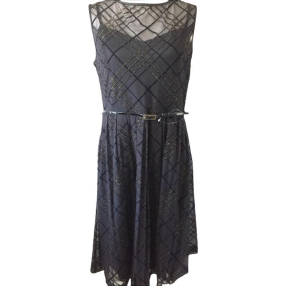 Ellen Tracy Nordstrom Black Gold Belted Fit and Flare Sleeveless Dress - Picture 5 of 13